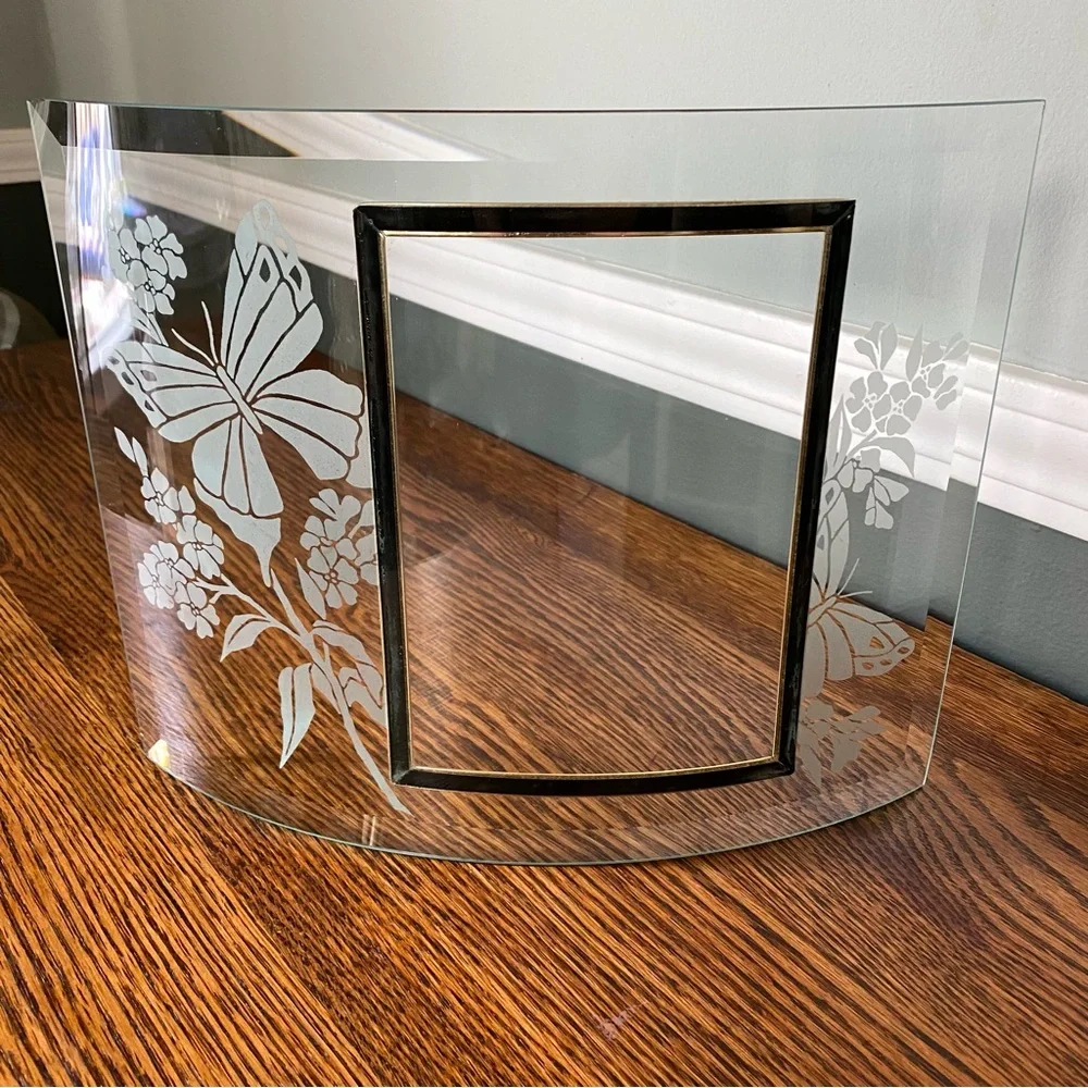Vintage 1980s Curved Glass Photo Frame Etched Frosted Design Butterflies Flowers